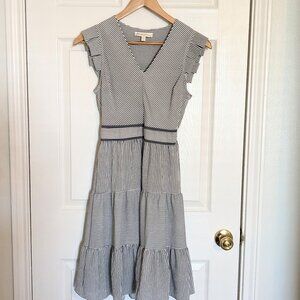 Gray and white striped ruffled cap sleeve dress
